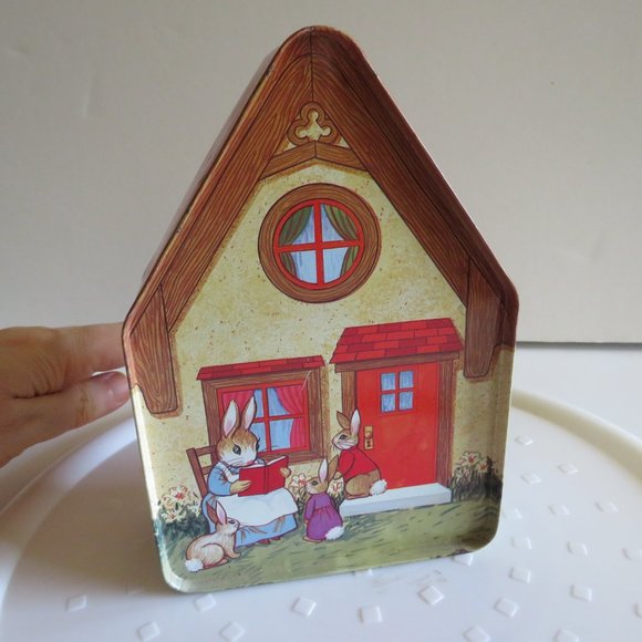 Rabbit House w young bunnies ALL SIDES DIFFERENT Tin BoxVintage - Picture 4 of 12